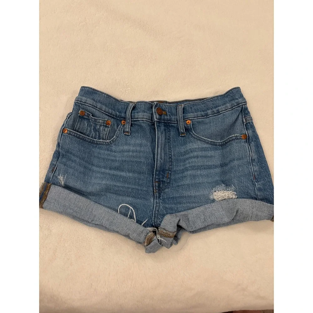 Madewell High Rise Denim Shorts Medium Wash Distressed Rolled Hem Size 28